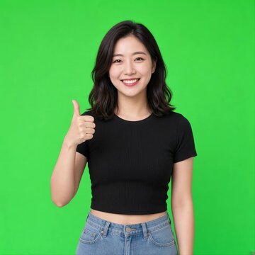 Young Woman Showing Thumbs Up Sign on Green Screen