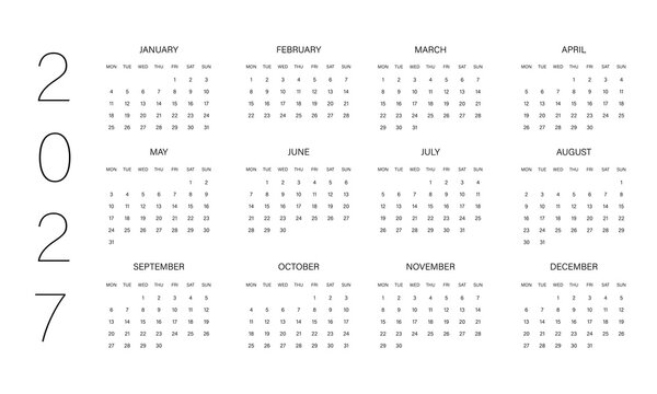 Simple 2027 Calendar Template with Clean Minimal Design. Printable vector
