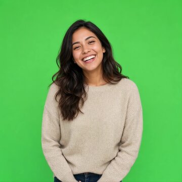 Young Woman Portrait laughing at Camera on Green Screen