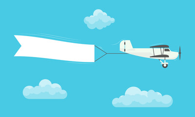 Minimalist Airplane Towing Blank Banner in Blue Sky. Vintage biplane with banner vector illustration © Dow