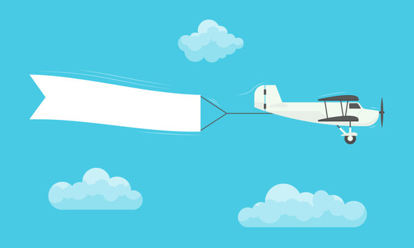 Minimalist Airplane Towing Blank Banner in Blue Sky. Vintage biplane with banner vector illustration