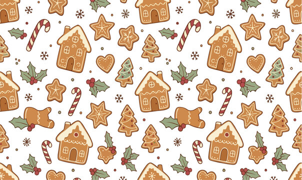 Seamless Christmas pattern with cute gingerbread houses, cookies, candy canes, and festive holiday elements