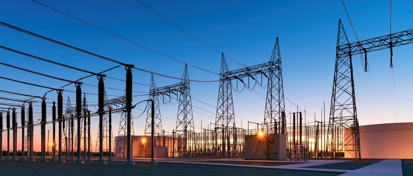 Electrical substation at dusk with rows of transmission towers and glowing lights under deep blue sky