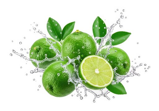 Fresh green lime with leaves splashing water droplets