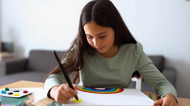 Happy young girl painting a rainbow on canvas at home - Creative art, childhood and lifestyle concept	