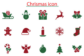 Naklejka premium Christmas holiday icon set with santa sleigh, snowman, gifts, reindeer, bells, stocking, candle, snowflake, angel and ornaments.