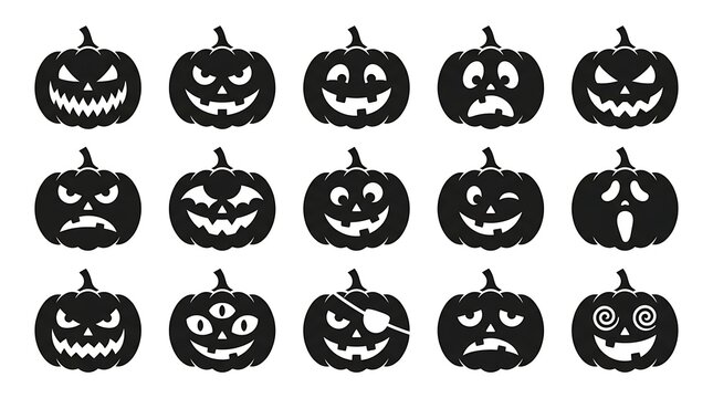 Set of halloween pumpkin silhouettes with various funny and scary facial expressions