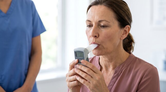 A middle-aged woman performs a lung function test using a portable spirometer while a nurse stands by.
