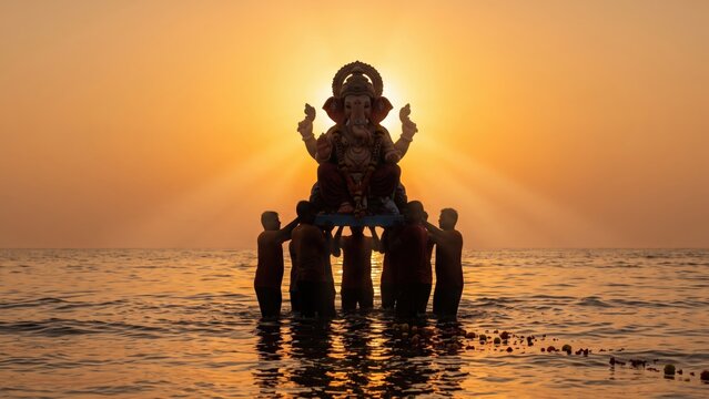 Ganesh Visarjan Sunset Silhouette in Ocean Water