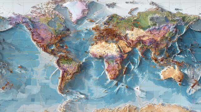 A topographic world map, rendered with texture and color variations, highlighting land elevation and ocean depths