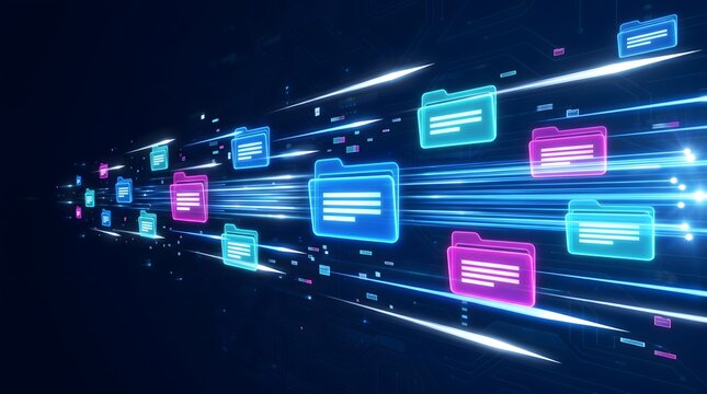 High speed secure file transfer displaying digital data folders migrating rapidly through fiber optic network.