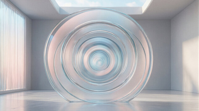 Frosted glass rings display concentric ripples and architectural depth in a minimalist interior space