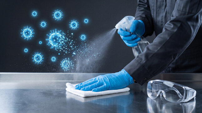 Worker wearing protective gloves spraying disinfectant and wiping a metal surface while virus particles dissolve, illustrating sanitation, decontamination and infection prevention.
