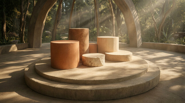 Terracotta and sandstone pedestals arranged on a circular platform in a serene outdoor stone setting