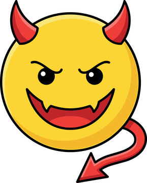 Yellow angry devil emoji avatar vector illustration with red horns and tail isolated on white background for halloween horror concept