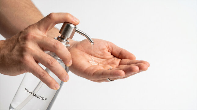 Close up of hands dispensing clear hand sanitizer gel from a pump bottle against a white background, illustrating personal hygiene, disinfection and infection prevention.