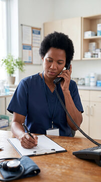 Female healthcare professional in blue scrubs speaking on a phone while writing notes on a clipboard at a clinic desk, representing medical communication and patient administration.