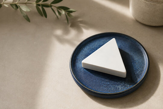 White equilateral triangle paperweight on blue ceramic coaster, neutral still life for editorial header