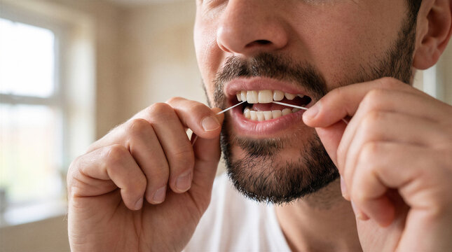 Close up of a bearded man flossing between his teeth at home, illustrating daily oral hygiene, dental care, plaque prevention, healthy gums and preventive dentistry.