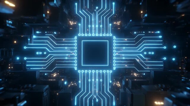 Abstract High-Tech Microchip Concept with Luminous Blue Circuitry for Artificial Intelligence and Data Processing