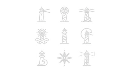 Fototapeta premium Lighthouse and maritime beacon line icons.