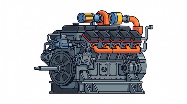 Cartoon diesel marine engine with turbo and pipes. White background. Single icon style.