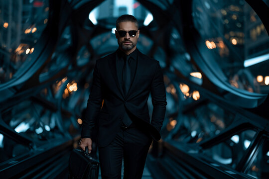 futuristic businessman walking through a blue glass tunnel, elegant executive with briefcase in modern corridor, confident man in black suit exploring futuristic architecture