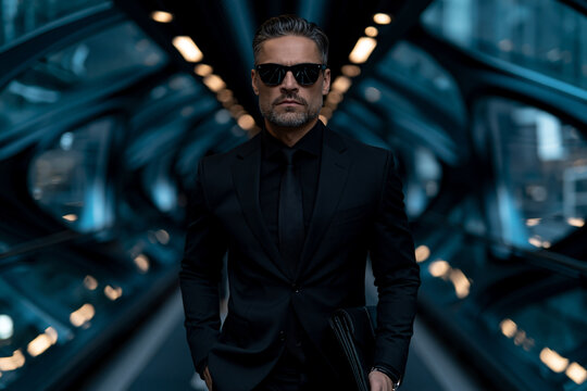 futuristic businessman walking through a blue glass tunnel, elegant executive with briefcase in modern corridor, confident man in black suit exploring futuristic architecture