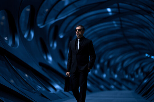 futuristic businessman walking through a blue glass tunnel, elegant executive with briefcase in modern corridor, confident man in black suit exploring futuristic architecture