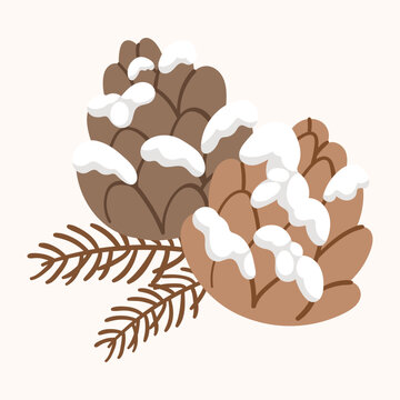 Rustic snow covered pine cones with pine branches for Christmas design