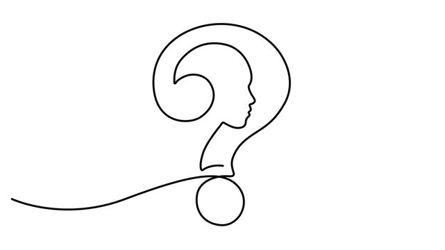 Animated self drawing of continuous line draw head of a man with a question mark. Problems stress illness and depression concept. Full length one line animation. 4K video