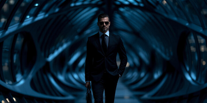 futuristic businessman walking through a blue glass tunnel, elegant executive with briefcase in modern corridor, confident man in black suit exploring futuristic architecture