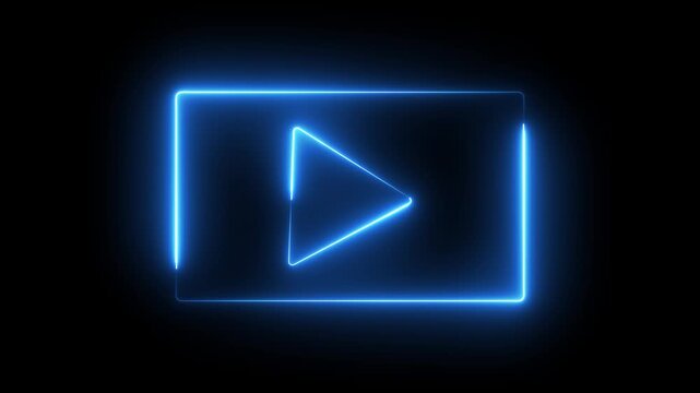 Glowing neon blue color play button icon animation music audio video media player icon on black background	