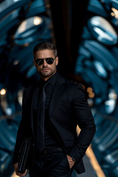 futuristic businessman walking through a blue glass tunnel, elegant executive with briefcase in modern corridor, confident man in black suit exploring futuristic architecture