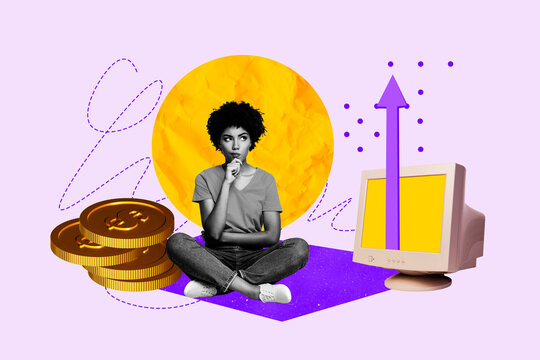 Composite sketch design artwork 3D collage of young lady sit down pile coins computer monitor arrow up income wealth economy bank dollars