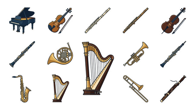 Collection of Orchestral Musical Instruments - Piano, Violin, Flute, Clarinet, Harp, Saxophone, Trumpet, Trombone, French Horn