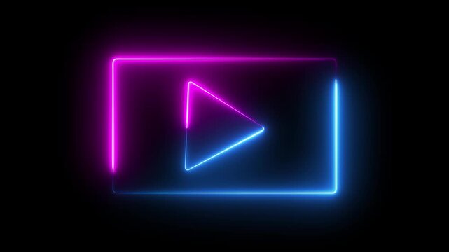 Glowing neon pink and blue color play button icon animation music audio video media player icon on black background	