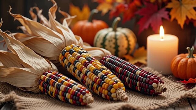 Colorful Indian corn cobs with dried husks on burlap fabric, warm candle light