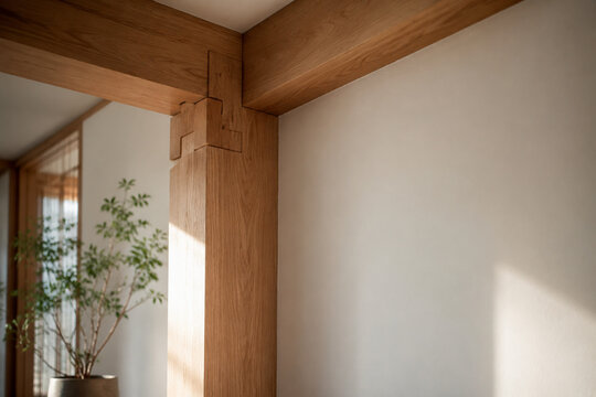 Light oak column with wooden joint and green plant, interior architecture concept