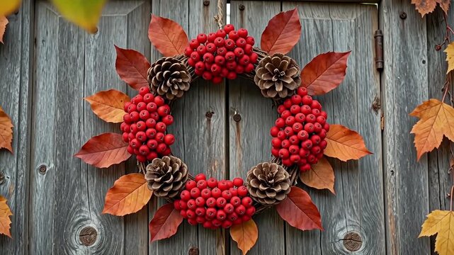 Handmade autumn wreath of red rowan berries, pine cones and dried leaves on wooden door