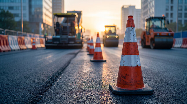 Road Construction Work Zone with Safety Cones and Heavy Machinery at Sunrise