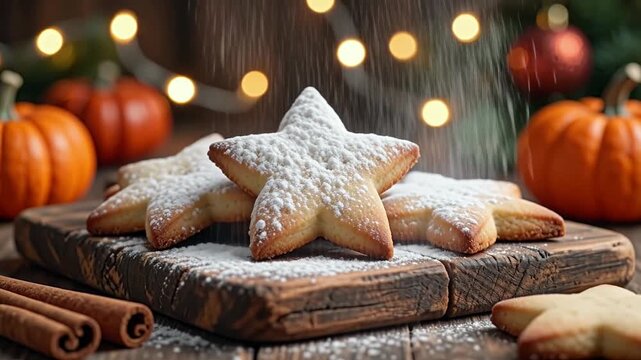 Cinnamon star cookies on rustic wooden board, powdered sugar dusting falling slowly