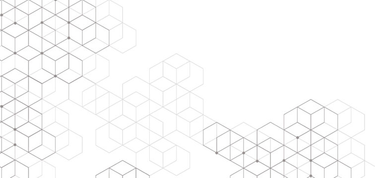 Elegant abstract white background featuring a network of interconnected geometric hexagonal cubes and isometric line patterns in subtle gray tones
