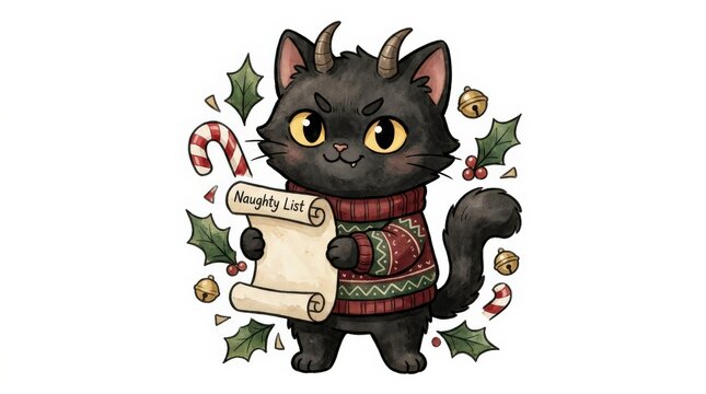 Cat with horns holds a scroll labeled Naughty List during holiday season with festive decorations