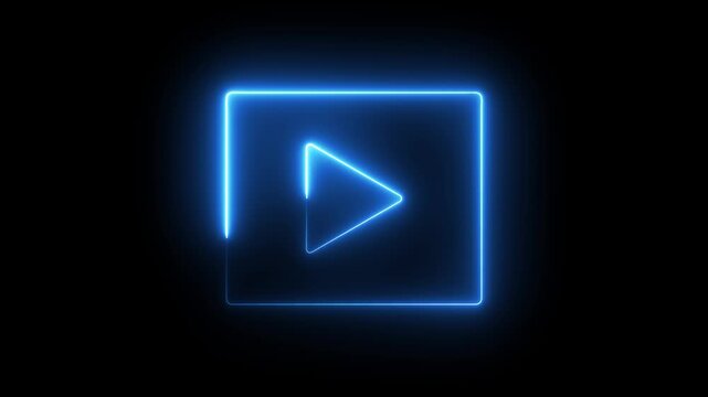 Glowing neon blue color play button icon animation music audio video media player icon on black background	