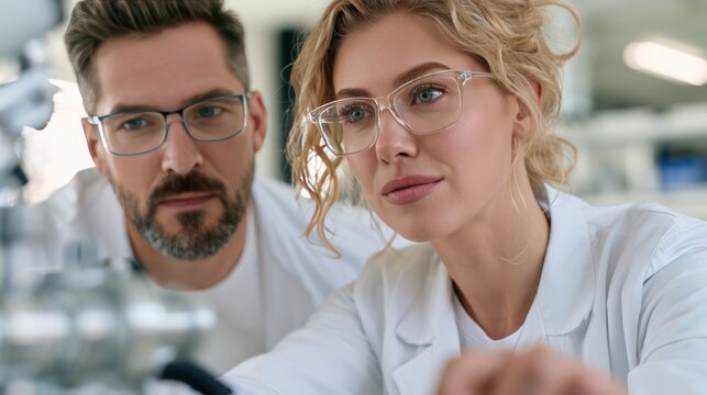 Two scientists, a man and a woman, wearing lab coats and glasses, intensely focused on a piece of equipment in a laboratory setting. Their expressions suggest deep concentration and collaboration