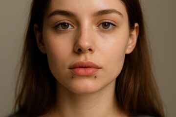 Fototapeta premium Young woman with angel bites piercing portrait