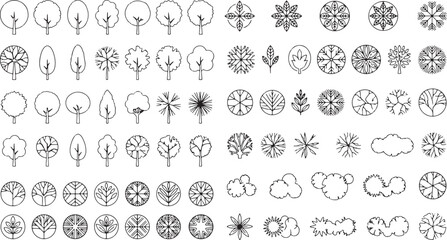 Fototapeta premium Set of hand drawn tree top view icons for architectural landscape design and site planning