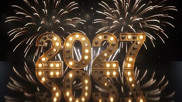 Golden 2027 New Year Marquee Letters with Exploding Fireworks and Reflection