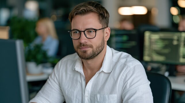 A confident businessman wearing glasses and a white shirt sits at his desk in an office, working on a computer. His gaze is focused and determined, suggesting deep concentration